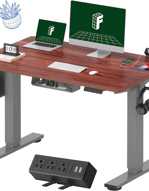 Load image into Gallery viewer, EN2 Whole-Piece Standing Desk with Clamp Power Strip, 48 X 30&#39;&#39; Height Adjustable Electric Stand up Desk with Cable Management (Gray Frame + Mahogany Top, 2 Packages)
