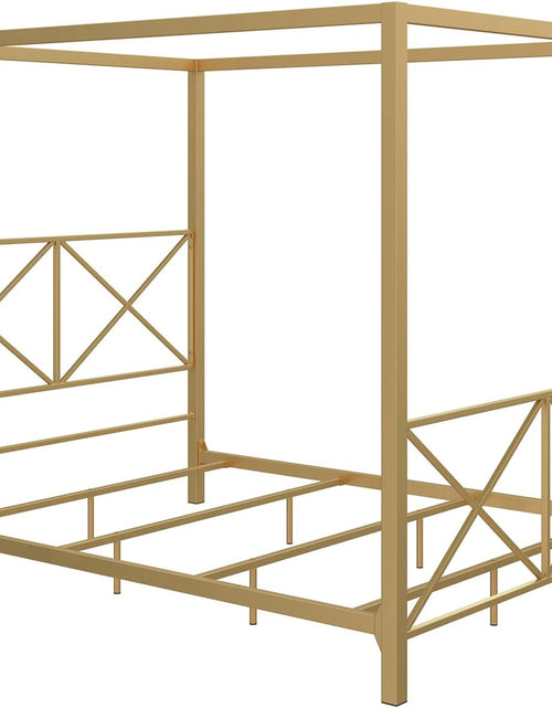 Load image into Gallery viewer, Rosedale Metal Canopy Bed Frame with Four Poster Design and Geometric Accented Headboard and Footboard, Underbed Storage Space, Queen, Gold

