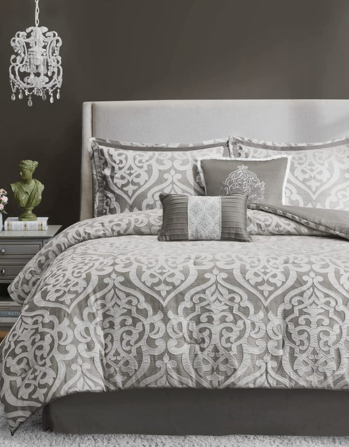 Load image into Gallery viewer, Tesla Cozy Comforter Set Jacquard Damask Medallion Design - All Season down Alternative Bedding, Shams, Bedskirt, Decorative Pillows, Queen, Silver 6 Piece
