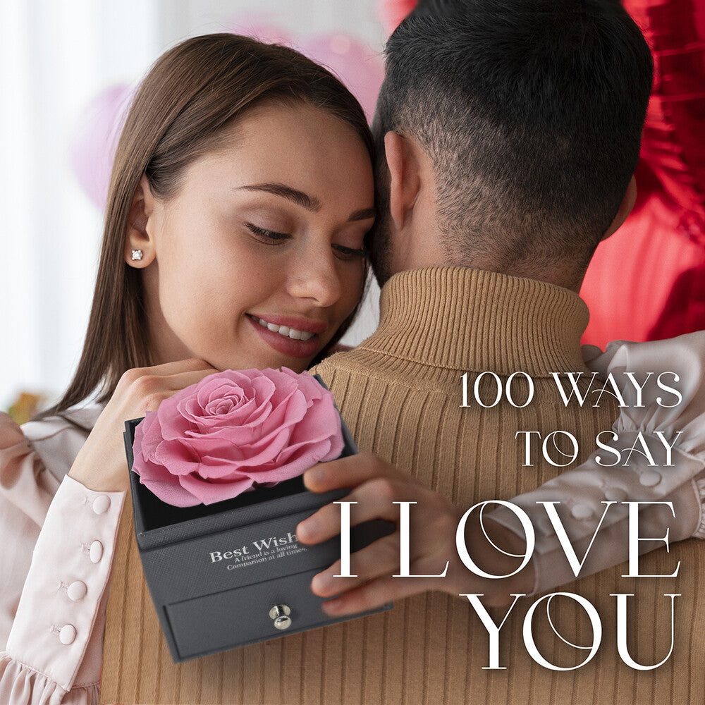 Glamour Boutique Preserved Rose in a Box with I Love You Necklace in 100 Languag
