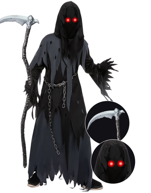 Load image into Gallery viewer, Glowing Eyes Grim Reaper Costume for Kids, Dark Knight Reaper Phantom Costume for Halloween Dress up Role Playing Cosplay 5-12 Years
