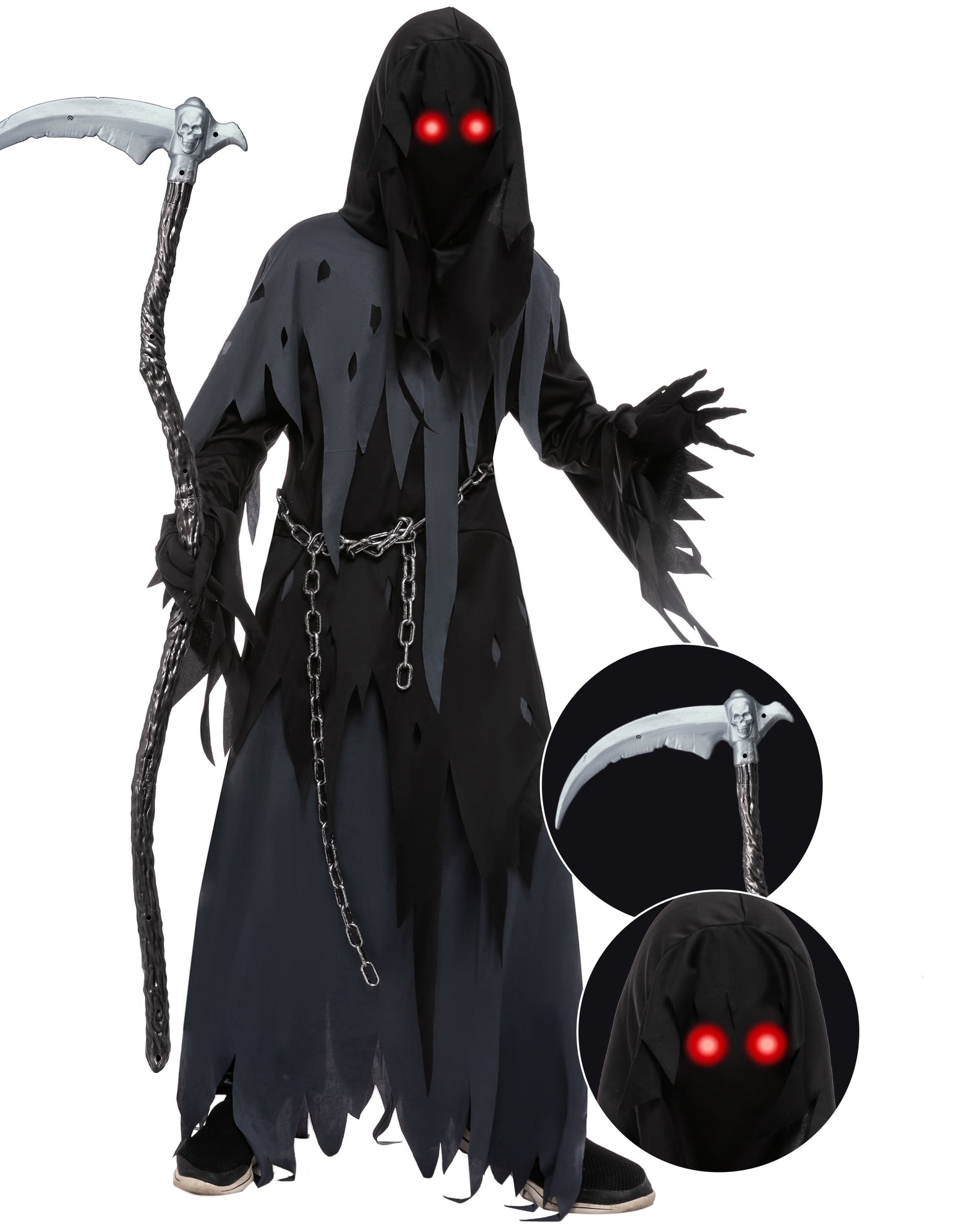Glowing Eyes Grim Reaper Costume for Kids, Dark Knight Reaper Phantom Costume for Halloween Dress up Role Playing Cosplay 5-12 Years