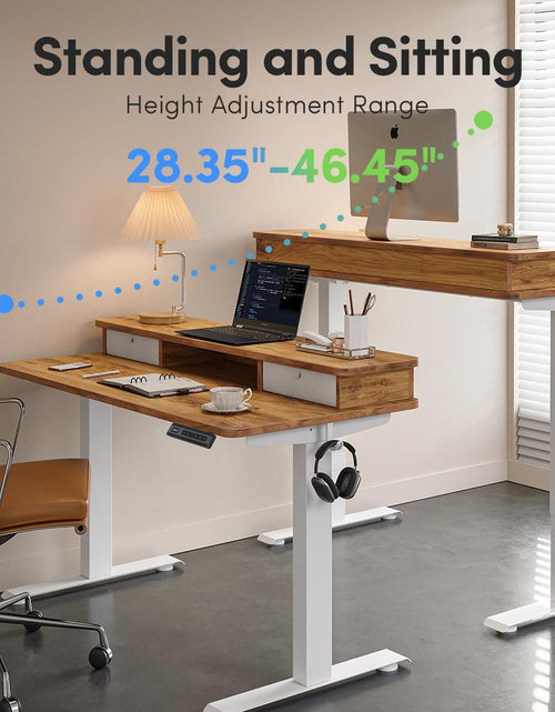 Load image into Gallery viewer, 40 X 24 Inch Height Adjustable Electric Standing Desk with Double Drawer, Computer Desk, Home Office Stand up Table with 4 Height-Adjustable Feets &amp; 2 Hooks, Light Rustic
