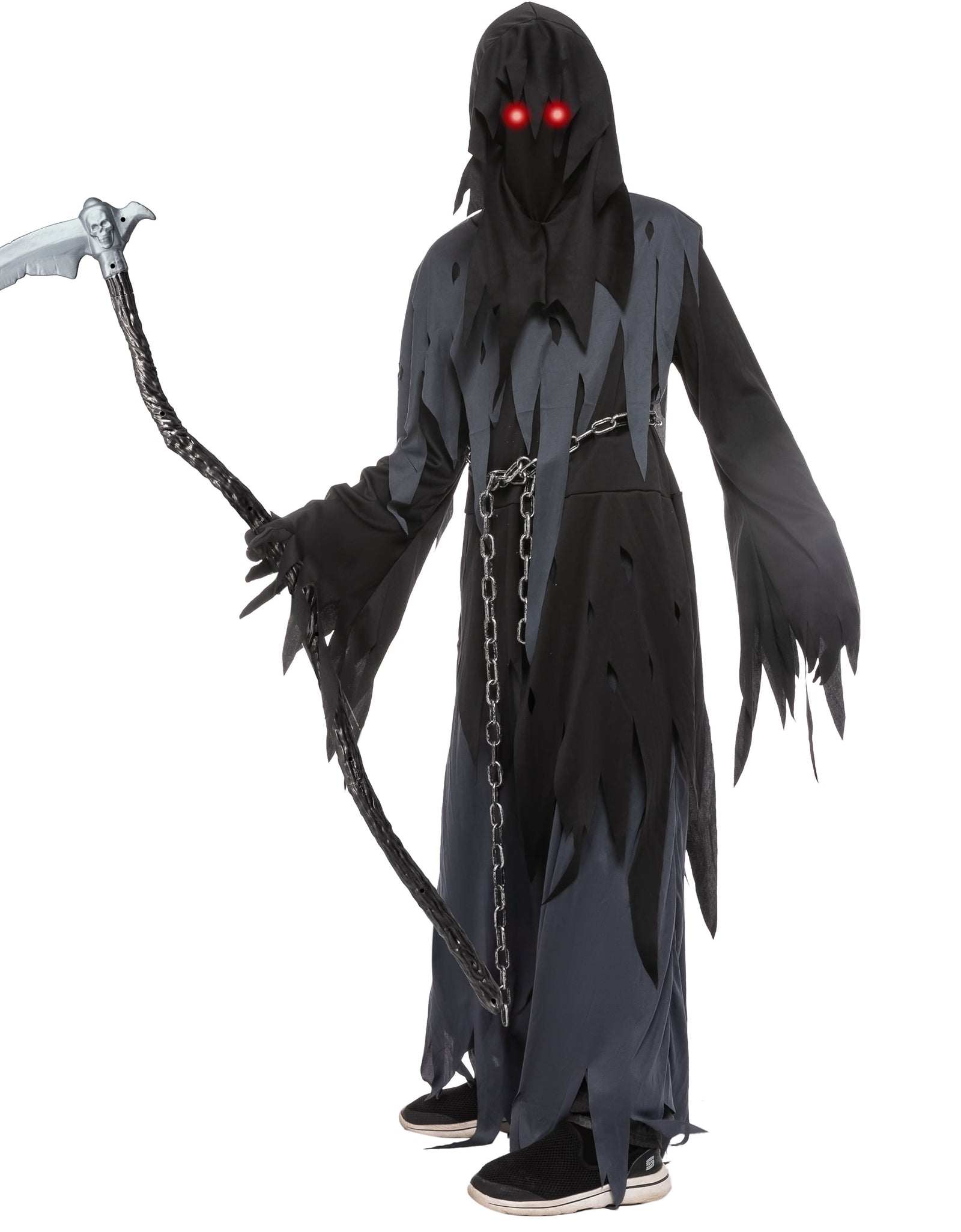 Glowing Eyes Grim Reaper Costume for Kids, Dark Knight Reaper Phantom Costume for Halloween Dress up Role Playing Cosplay 5-12 Years