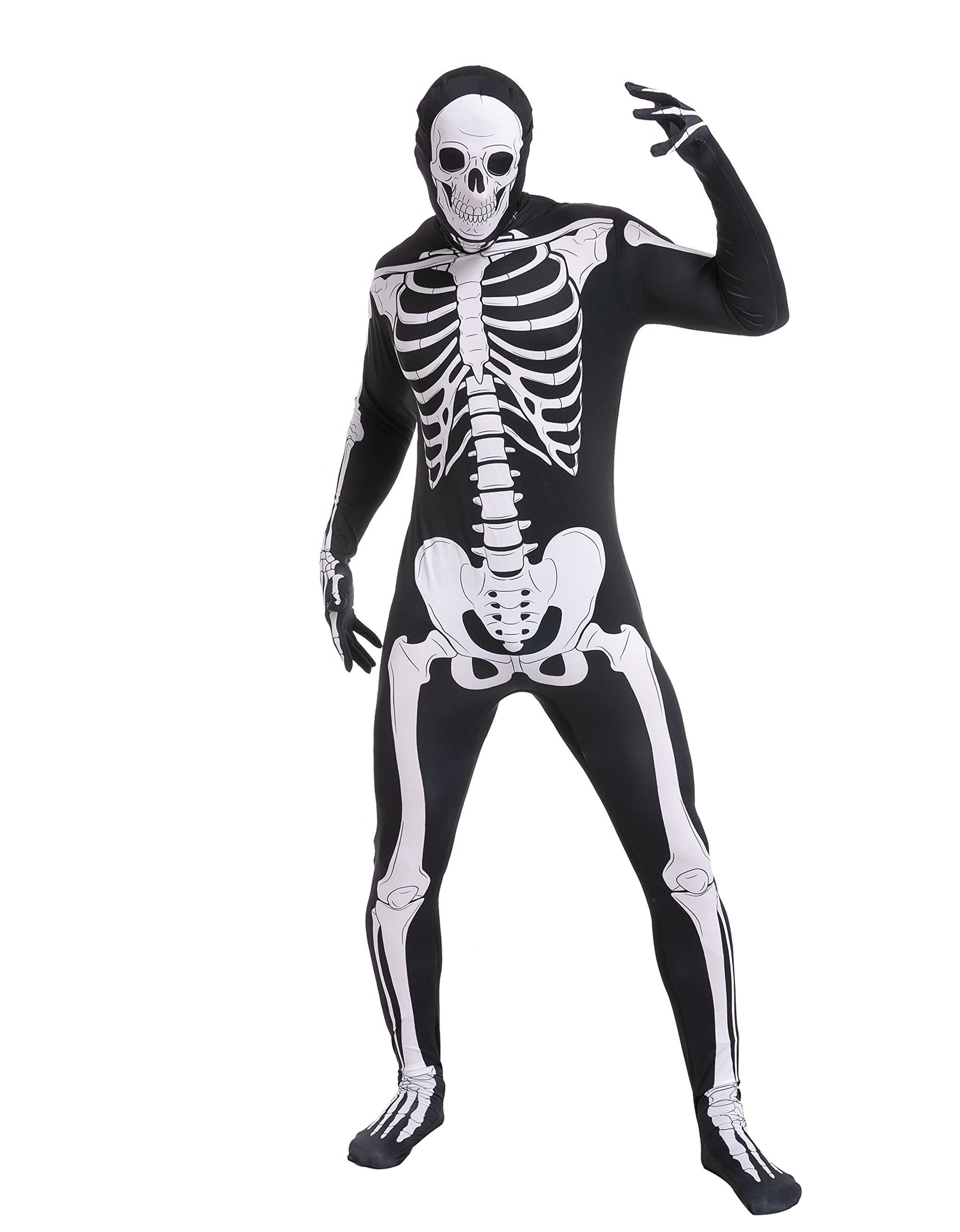 Skeleton Costume for Adults, Skeleton Bone Bodysuit Halloween Costumes for Men with Skeleton Hood Mask, Halloween Party Fancy Dress-Up