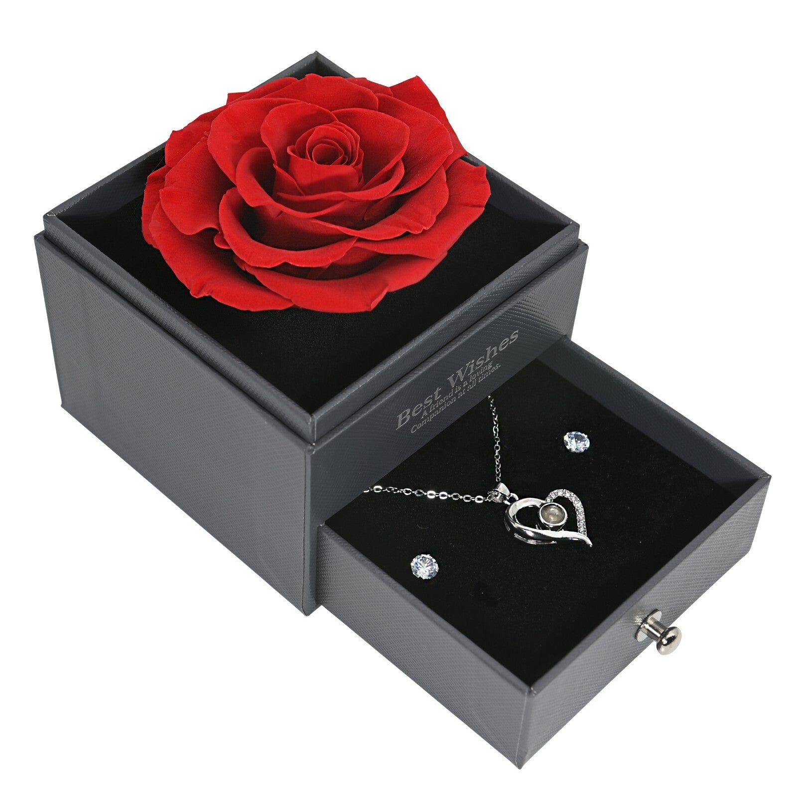 Glamour Boutique Preserved Rose in a Box with I Love You Necklace in 100 Languag