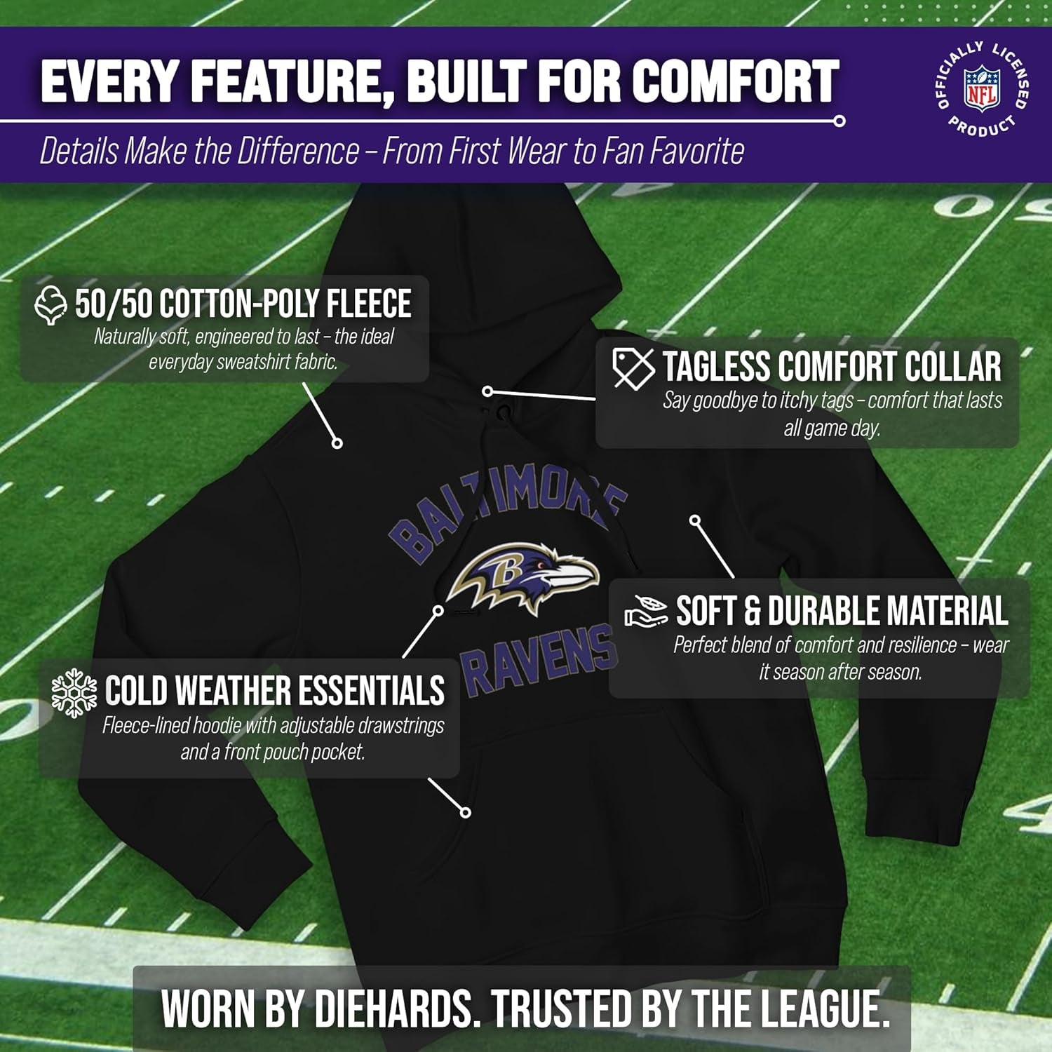 NFL Adult Gameday Hooded Sweatshirt - Poly Fleece Cotton Blend - Stay Warm and Represent Your Team in Style