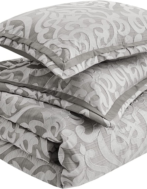 Load image into Gallery viewer, Tesla Cozy Comforter Set Jacquard Damask Medallion Design - All Season down Alternative Bedding, Shams, Bedskirt, Decorative Pillows, Queen, Silver 6 Piece
