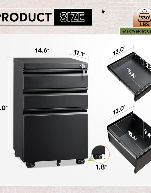 Load image into Gallery viewer, 3 Drawer Mobile File Cabinet under Desk Office, Fully Assembled except Casters, Letter/Legal Size, Black
