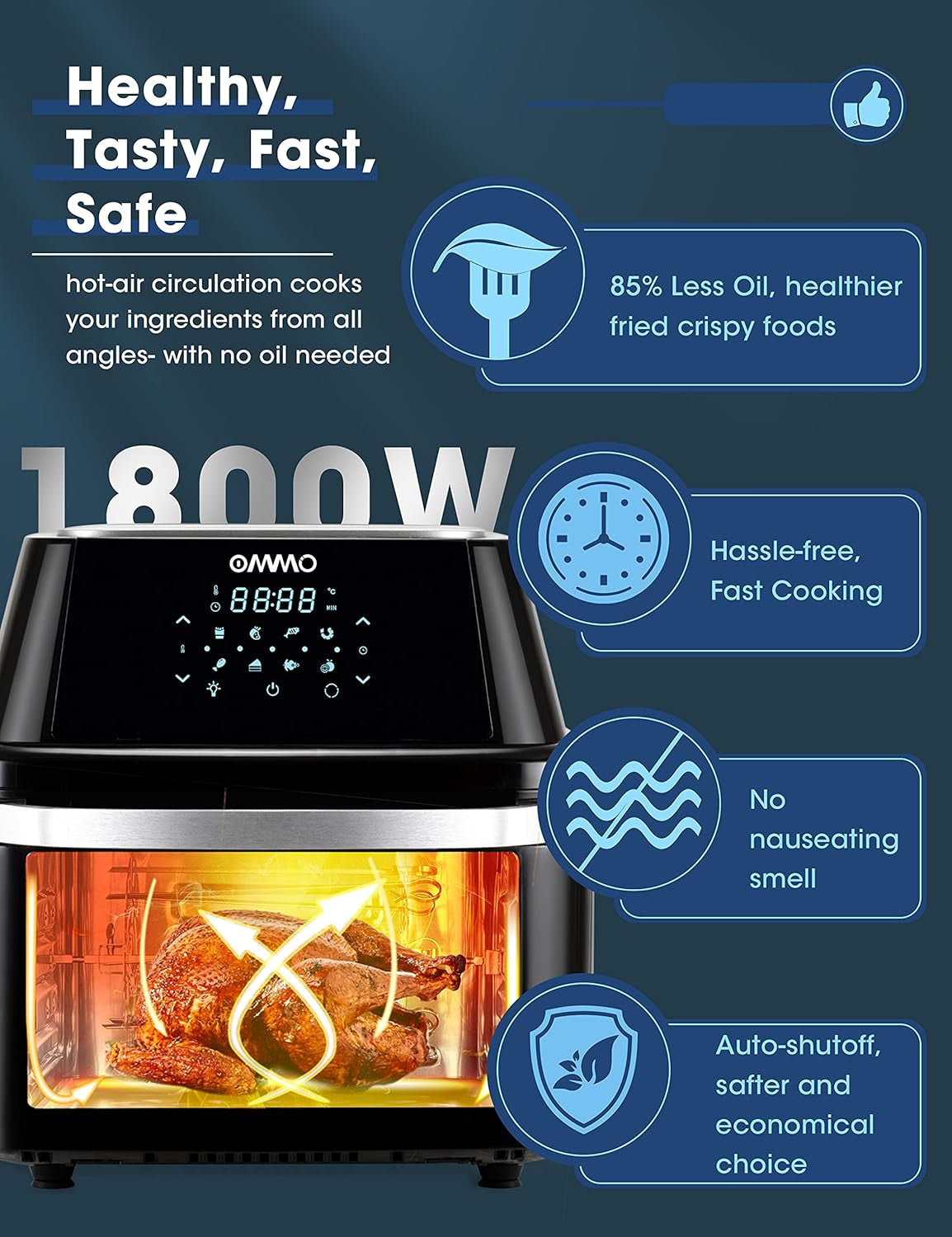 Air Fryer Oven 17-Quart,  1800W Countertop Air Fryer Toaster Oven Combo with Rotisserie & Dehydrator, Digital Controls, 8 Presets, Rich Accessories & Cookbook (40+ Recipes), ETL Certified