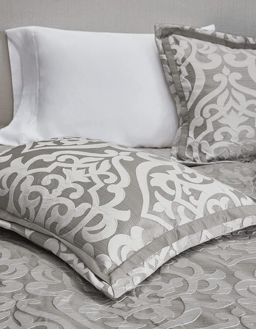 Load image into Gallery viewer, Tesla Cozy Comforter Set Jacquard Damask Medallion Design - All Season down Alternative Bedding, Shams, Bedskirt, Decorative Pillows, Queen, Silver 6 Piece
