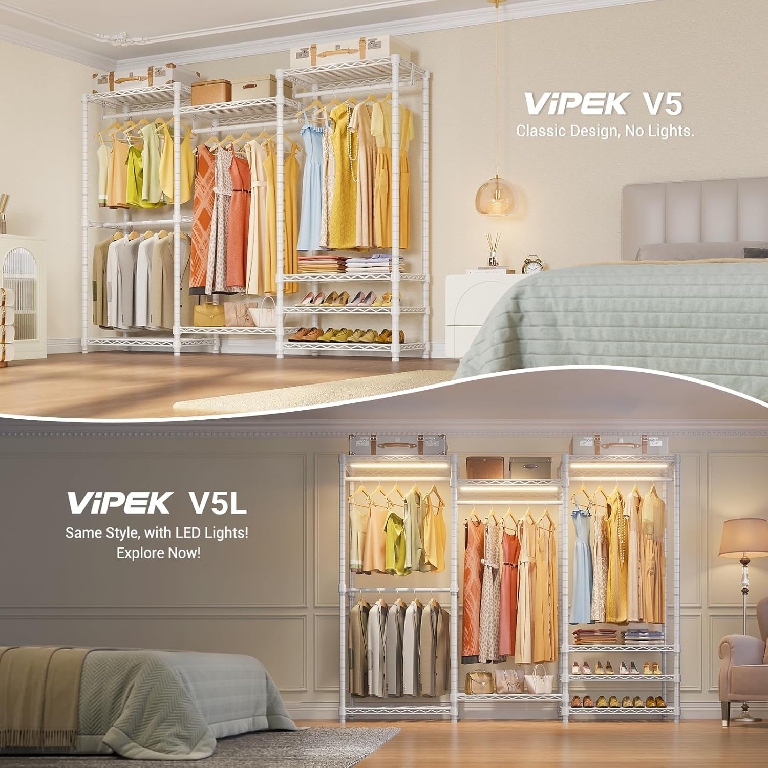 V5 Portable Closet Wardrobe Heavy Duty Clothes Rack, Freestanding Clothing Racks with 4 Hang Rods & 8 Shelves, Adjustable Custom Closet Racks, 68.9" L X 15.7" W X 76.4" H, Max Load 800LBS, White