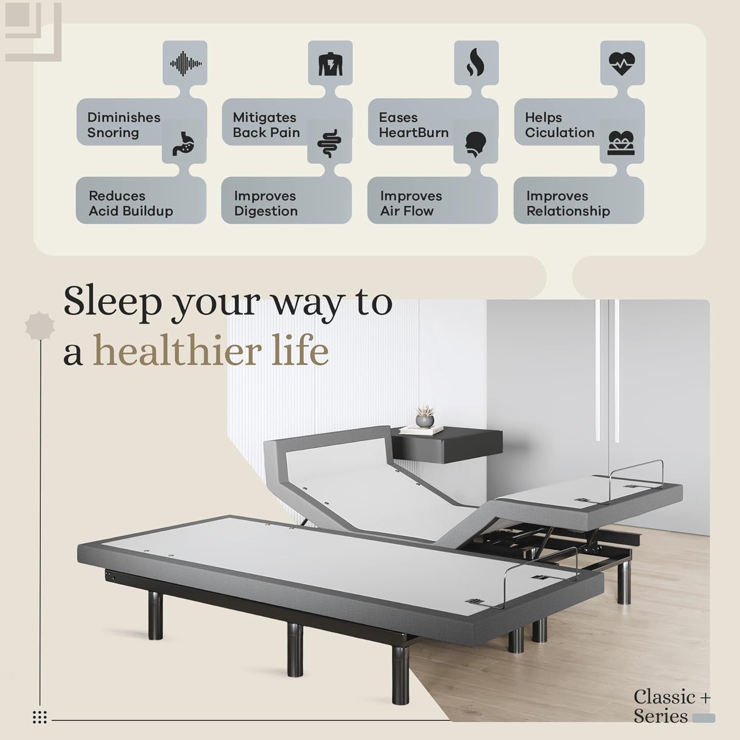 Harmony Adjustable Bed Base, Head and Foot Lift, Massage, Under-Bed Lights, USB, Gel Memory, Zero Gravity Smart Frame - Split King