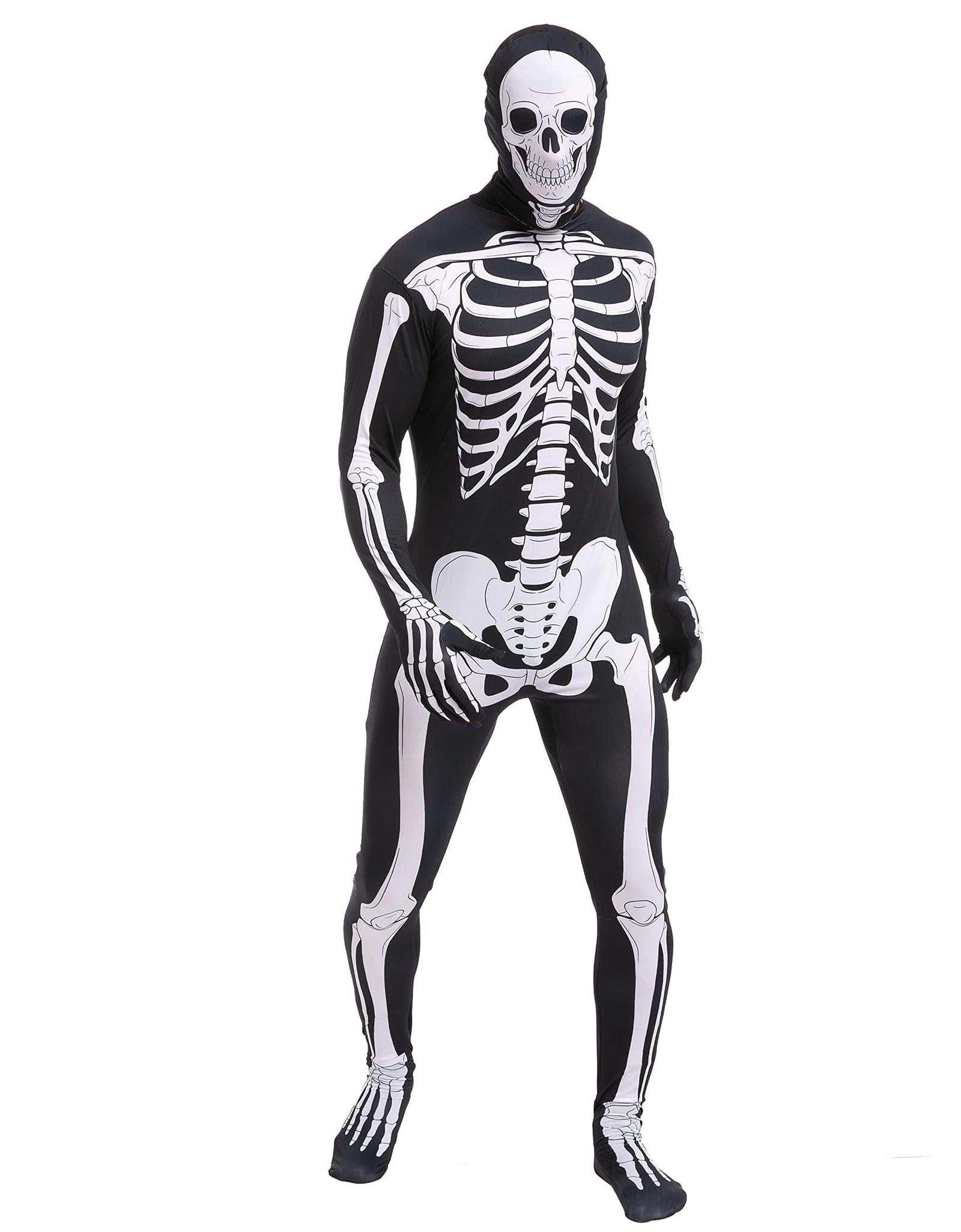 Skeleton Costume for Adults, Skeleton Bone Bodysuit Halloween Costumes for Men with Skeleton Hood Mask, Halloween Party Fancy Dress-Up