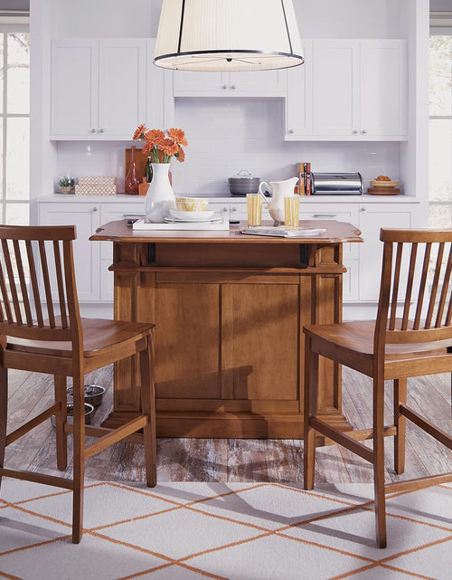 Load image into Gallery viewer, Americana Cottage Oak 3-Piece Kitchen Island Set with Hardwood Drop Leaf Top and Two Counter Stools
