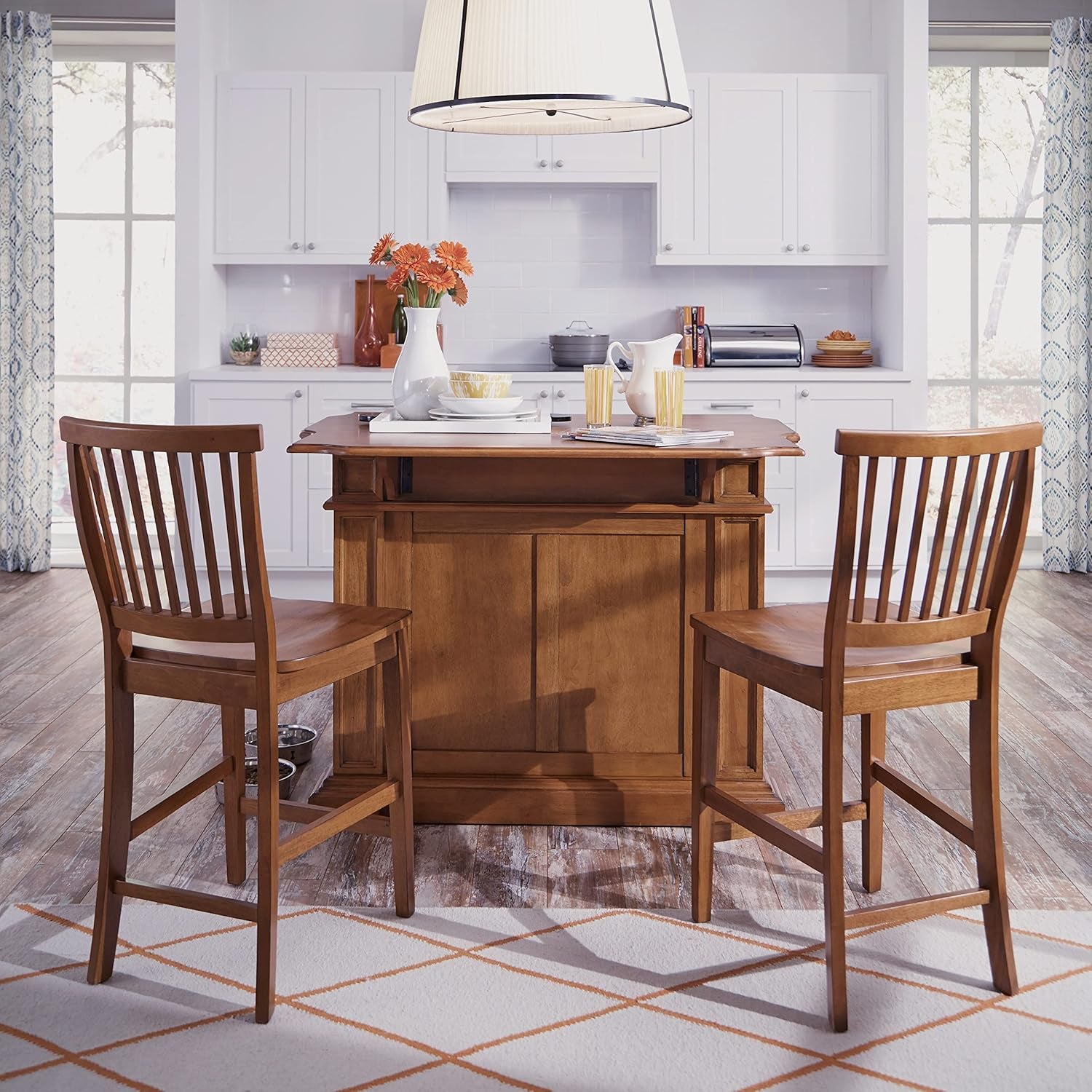 Americana Cottage Oak 3-Piece Kitchen Island Set with Hardwood Drop Leaf Top and Two Counter Stools