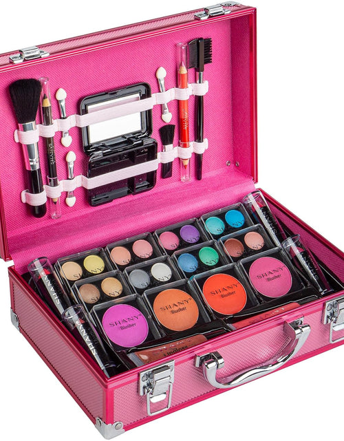 Load image into Gallery viewer, Carry All Make up Train Case with Pro Makeup Set, Beauty Brushes, Lipsticks, Eye Shadows, Blushes, Powders, and More - Reusable Cosmetics Storage Organizer - Premium Gift Packaging - Pink
