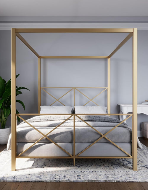 Load image into Gallery viewer, Rosedale Metal Canopy Bed Frame with Four Poster Design and Geometric Accented Headboard and Footboard, Underbed Storage Space, Queen, Gold
