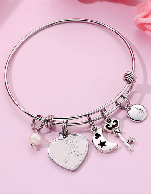 Load image into Gallery viewer, Initial Charm Bracelets for Women Gifts - Engraved 26 Letters Initial Charms Bracelet Stainless Steel Bangle Bracelet Birthday Christmas Jewelry Gift for Women Teen Girls
