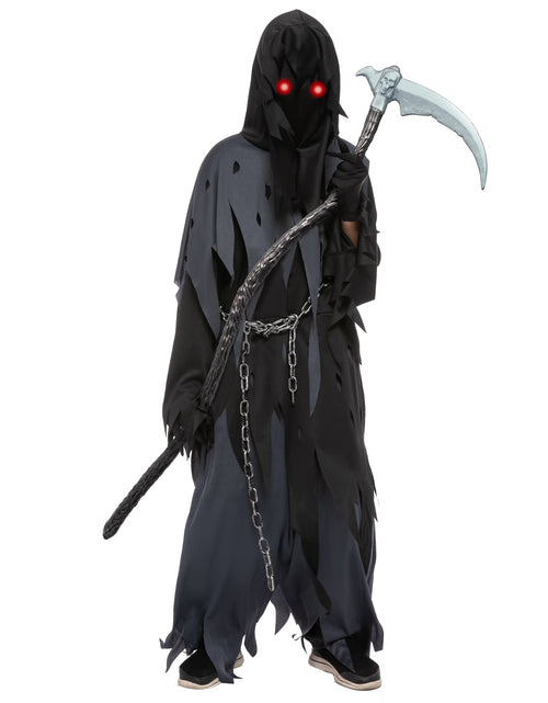 Load image into Gallery viewer, Glowing Eyes Grim Reaper Costume for Kids, Dark Knight Reaper Phantom Costume for Halloween Dress up Role Playing Cosplay 5-12 Years
