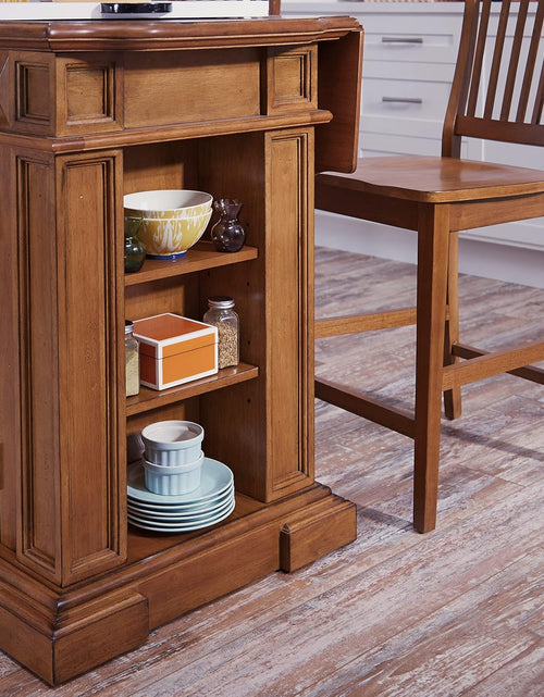 Load image into Gallery viewer, Americana Cottage Oak 3-Piece Kitchen Island Set with Hardwood Drop Leaf Top and Two Counter Stools
