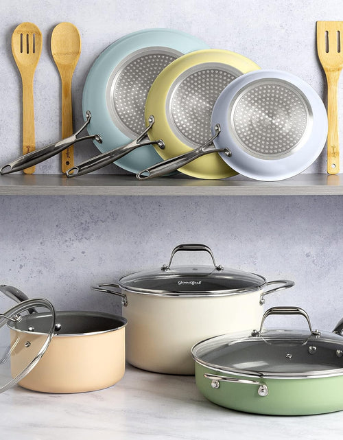 Load image into Gallery viewer, Ceramic Nonstick Pots and Pans Set, Titanium-Reinforced Premium Nonstick Coating, Dishwasher Safe Pots and Pans, Tempered Glass Steam Vented Lids, Stainless Steel Handles, 12-Piece, Mulitcolor
