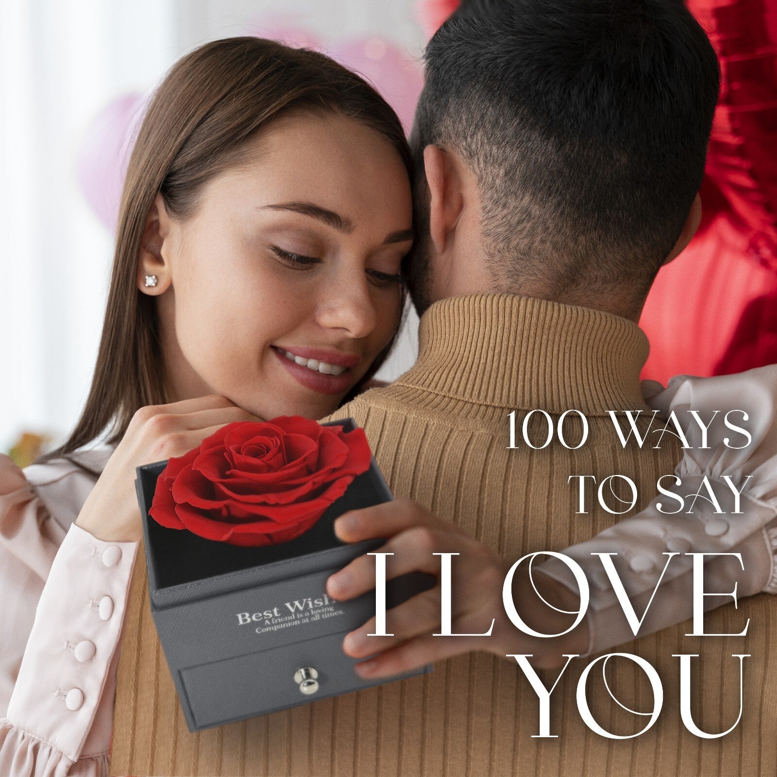 Glamour Boutique Preserved Rose in a Box with I Love You Necklace in 100 Languag