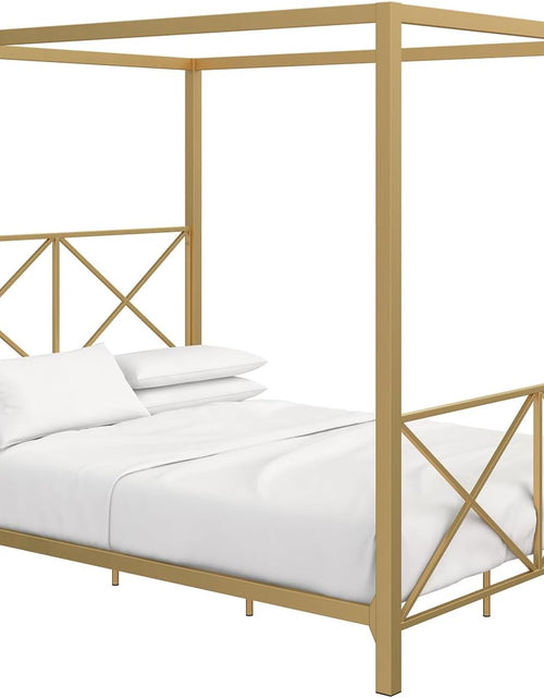 Load image into Gallery viewer, Rosedale Metal Canopy Bed Frame with Four Poster Design and Geometric Accented Headboard and Footboard, Underbed Storage Space, Queen, Gold
