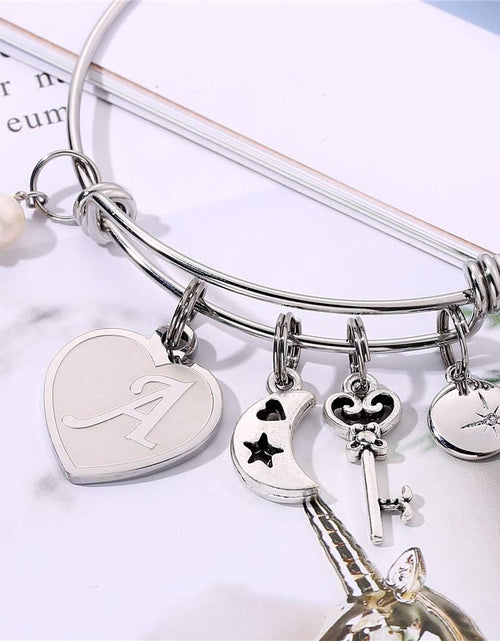 Load image into Gallery viewer, Initial Charm Bracelets for Women Gifts - Engraved 26 Letters Initial Charms Bracelet Stainless Steel Bangle Bracelet Birthday Christmas Jewelry Gift for Women Teen Girls
