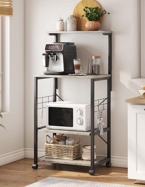 Load image into Gallery viewer, Kitchen Bakers Rack Microwave Stand Kitchen Cart on Wheels Utility Storage Shelf with 10 Side Hooks Kitchen Organizer Shelves with Adjustable Feet

