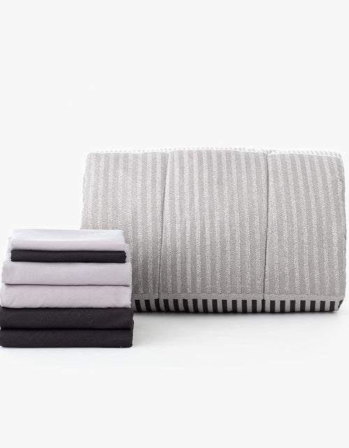 Load image into Gallery viewer, Preferred Dorm Essentials Value Pack - 23 Piece Twin XL Set | Twin XL | Comforter, Sheets, Pad, Topper, Towels, Organization, Storage | Preston Black and Gray | Graphic Black, Gray and White
