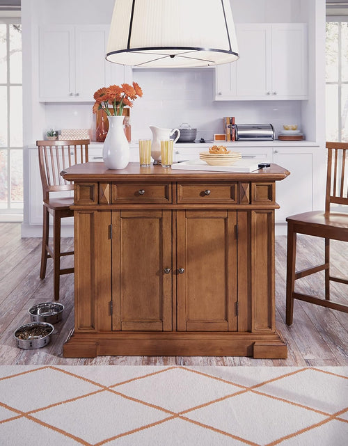 Load image into Gallery viewer, Americana Cottage Oak 3-Piece Kitchen Island Set with Hardwood Drop Leaf Top and Two Counter Stools
