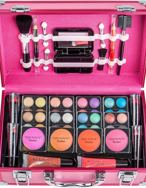 Load image into Gallery viewer, Carry All Make up Train Case with Pro Makeup Set, Beauty Brushes, Lipsticks, Eye Shadows, Blushes, Powders, and More - Reusable Cosmetics Storage Organizer - Premium Gift Packaging - Pink
