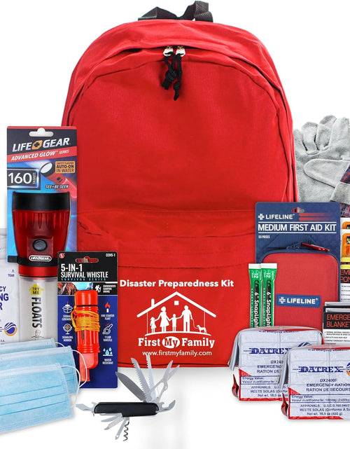 Load image into Gallery viewer, First My Family All-In-One Premium 2-Person Emergency Survival Kit | Hurricane &amp; Earthquake Preparedness Supplies | Disaster Backpack with 72-Hour Survival Gear, First Aid, and More
