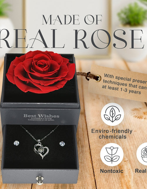 Load image into Gallery viewer, Glamour Boutique Preserved Rose in a Box with I Love You Necklace in 100 Languag
