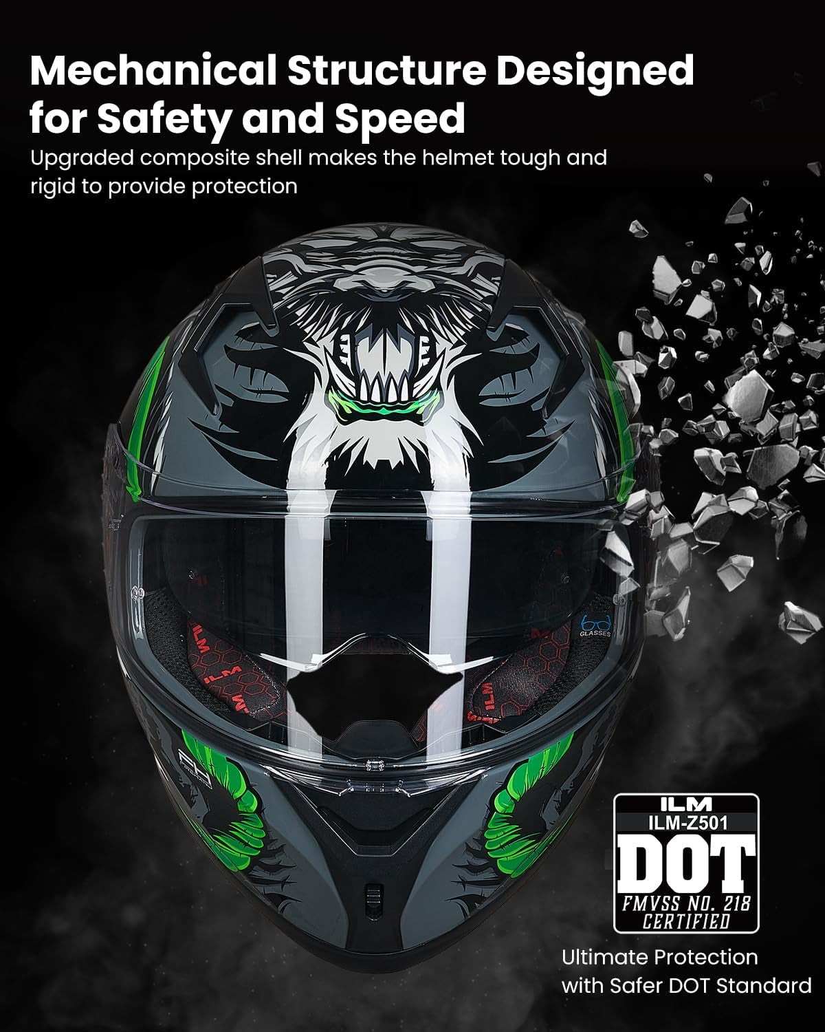 Motorcycle Helmet Full Face with Pinlock Compatible Clear&Tinted Visors and Fins Street Bike Motocross Casco DOT Model Z501(Legend Green, X-Large)