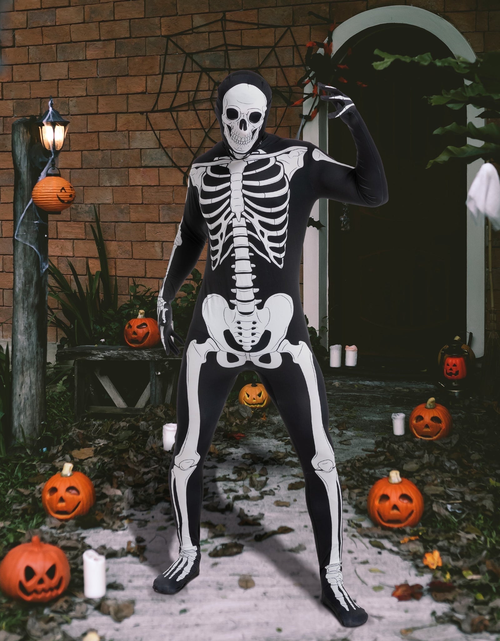 Skeleton Costume for Adults, Skeleton Bone Bodysuit Halloween Costumes for Men with Skeleton Hood Mask, Halloween Party Fancy Dress-Up