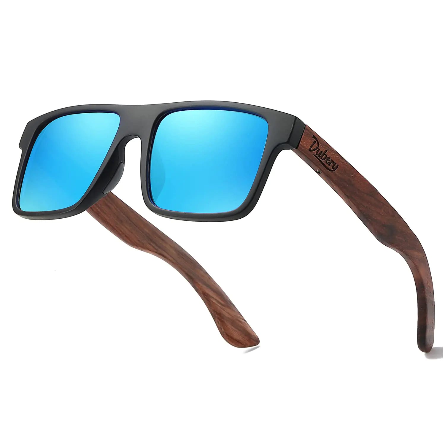 DUBERY Wood Frame Square Polarized Sunglasses for Men Women UV400 Protection Wooden Sun Glasses D833Blue Mirrored