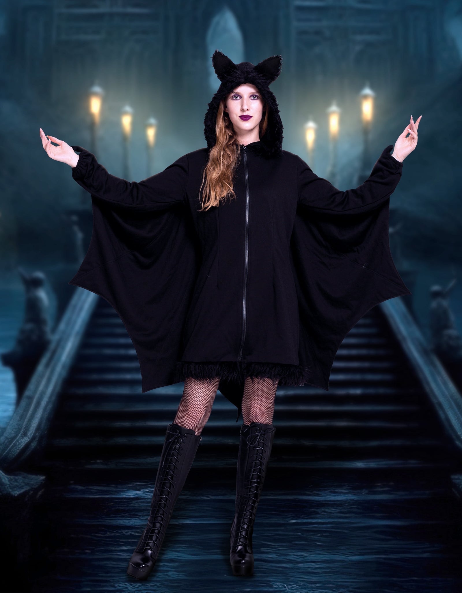 Womens Black Bat Zip Hoodie Halloween Costumes for Adults, Bat Halloween Costume Cosplay