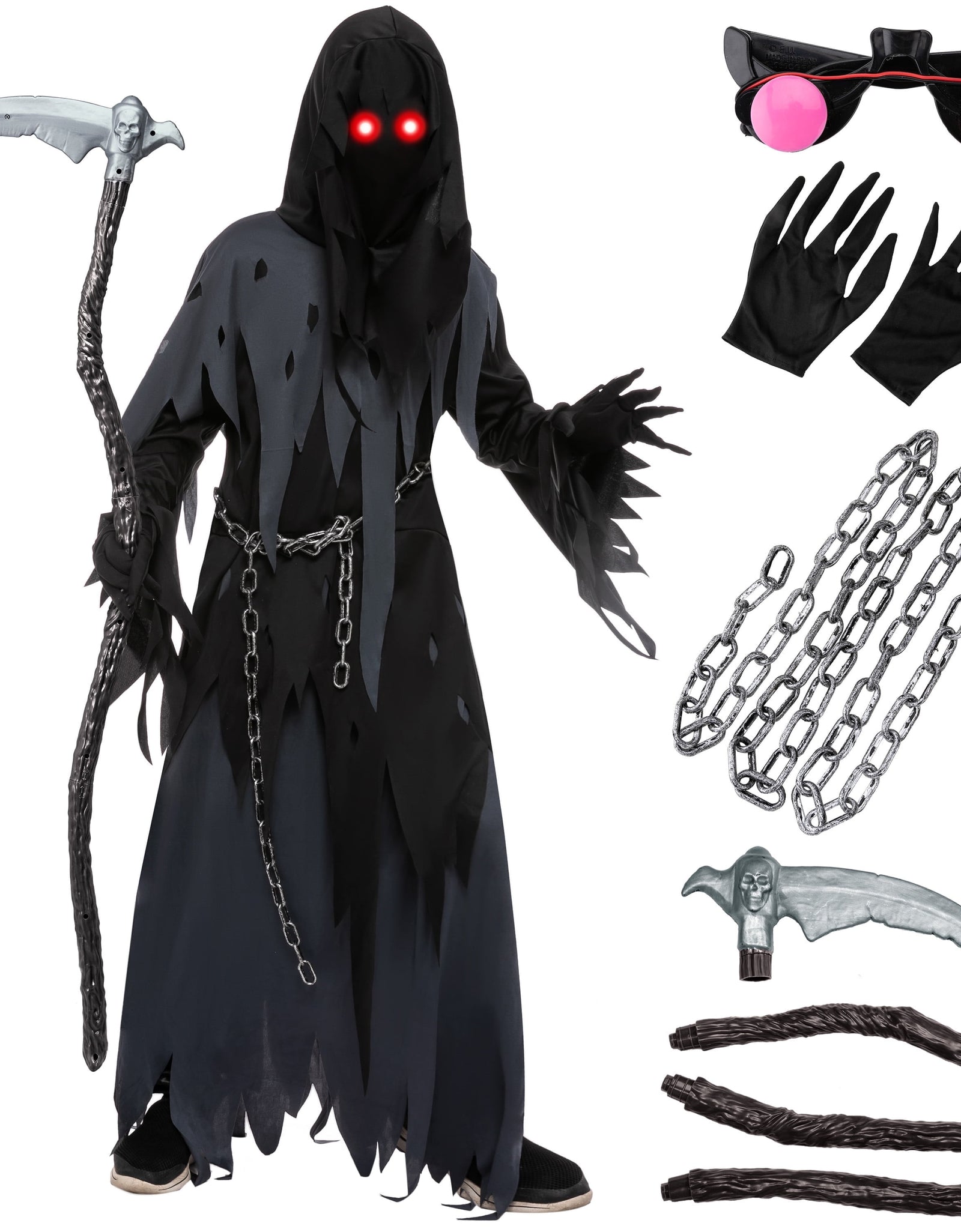 Glowing Eyes Grim Reaper Costume for Kids, Dark Knight Reaper Phantom Costume for Halloween Dress up Role Playing Cosplay 5-12 Years