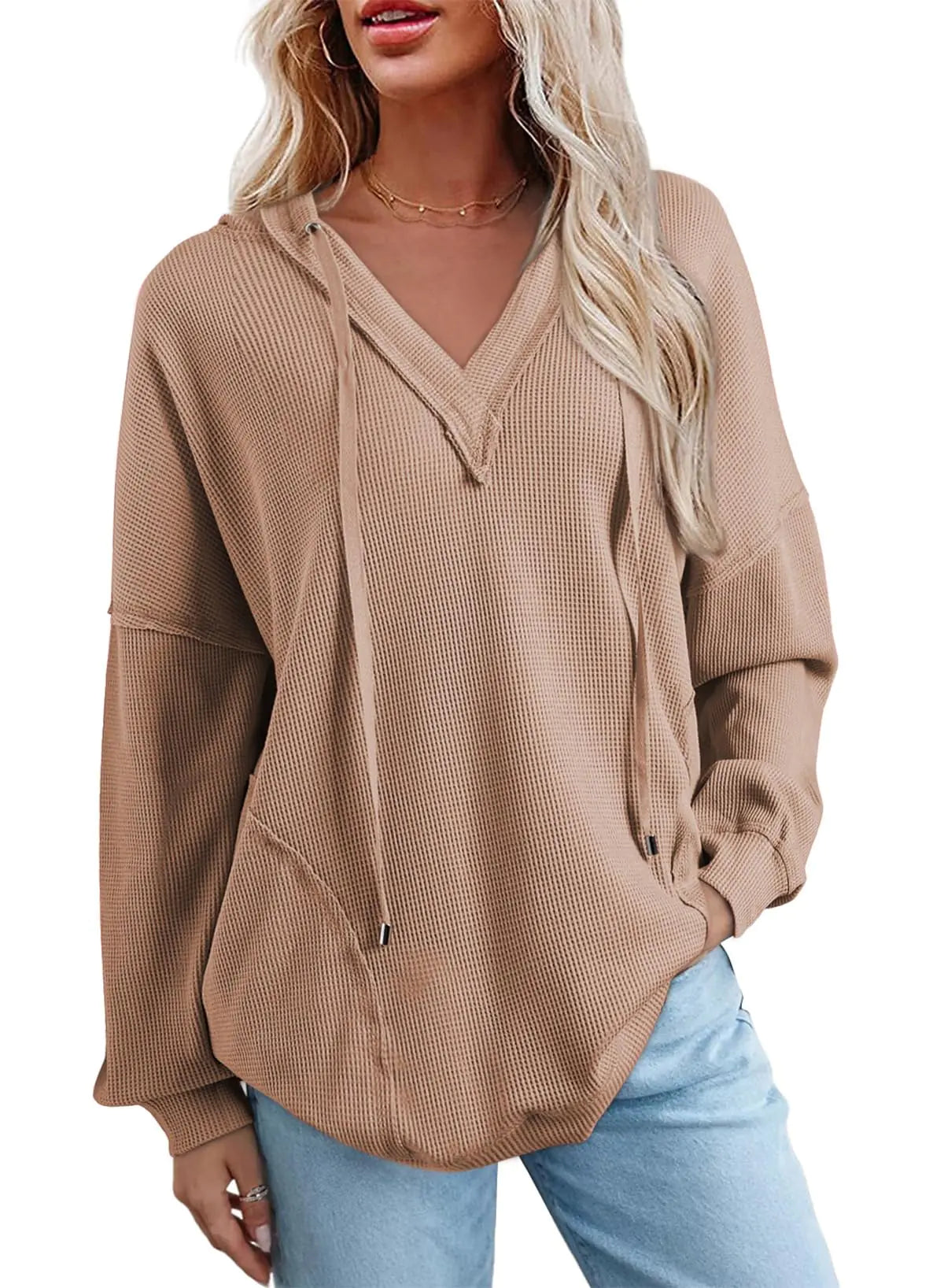 AlvaQ Women Hoodies Sweatshirts with Pockets Fashion 2024 Fall Winter Oversized Pullover Tunic Sweatshirt Ribbed Long Sleeve Waffle Knit Hooded Tops Beige Large