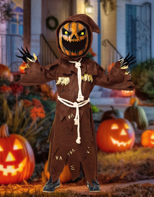 Load image into Gallery viewer, Scary Scarecrow Pumpkin Costume for Kids, Pumpkin Costume for Boys, Scarecrow Halloween Costume with Pumpkin Mask for Toddler Halloween Fancy Dress Cosplay 5-10 Years
