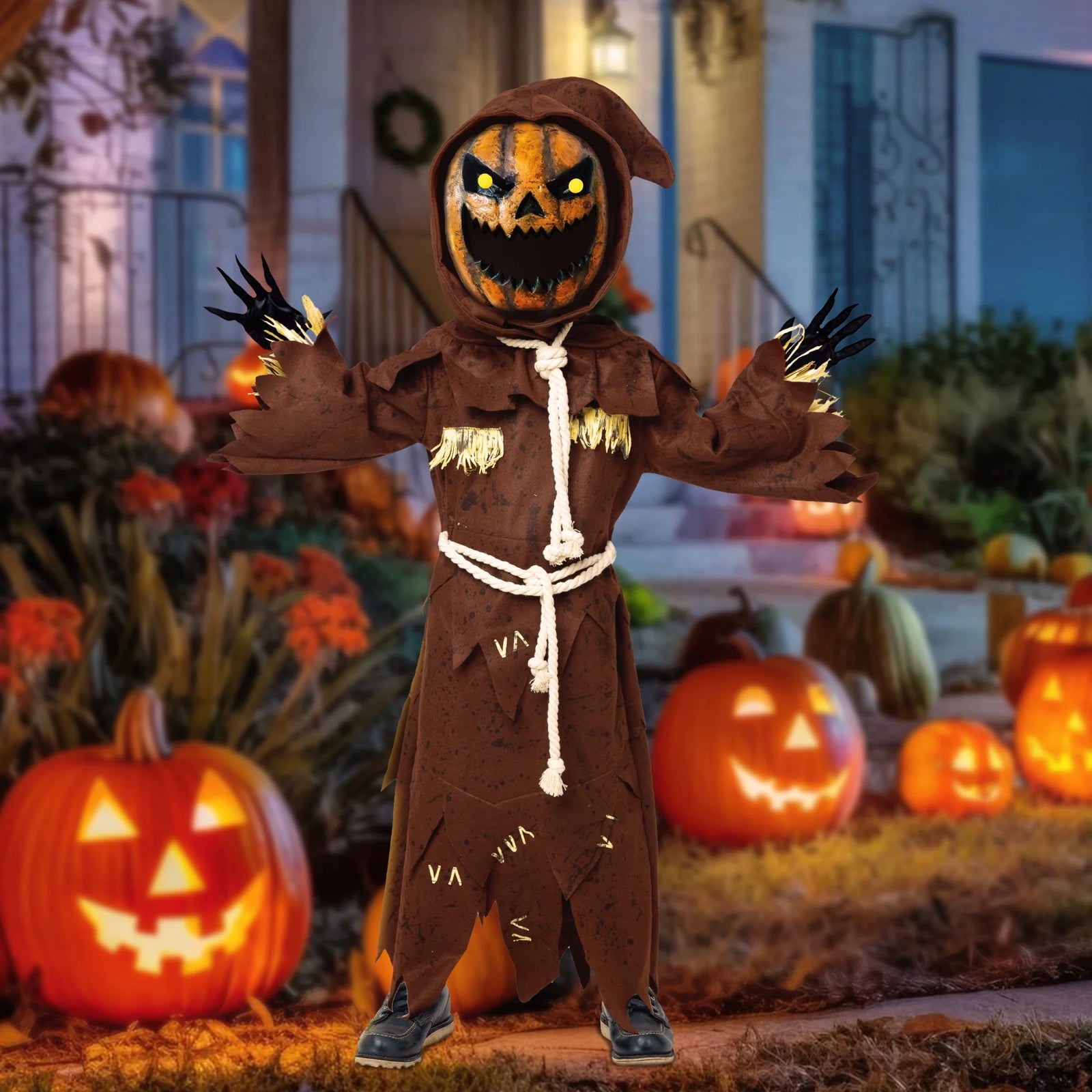 Scary Scarecrow Pumpkin Costume for Kids, Pumpkin Costume for Boys, Scarecrow Halloween Costume with Pumpkin Mask for Toddler Halloween Fancy Dress Cosplay 5-10 Years