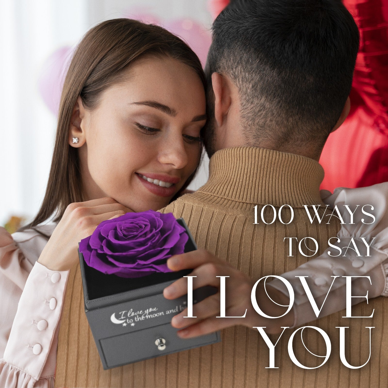 Glamour Boutique Preserved Rose in a Box with I Love You Necklace in 100 Languag