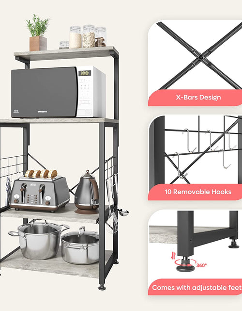 Load image into Gallery viewer, Kitchen Bakers Rack Microwave Stand Kitchen Cart on Wheels Utility Storage Shelf with 10 Side Hooks Kitchen Organizer Shelves with Adjustable Feet
