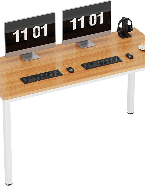 Load image into Gallery viewer, 55 Inch Large Computer Desk - Modern Simple Style Home Office Gaming Desk, Basic Writing Table for Study Student, White Metal Frame, Teak
