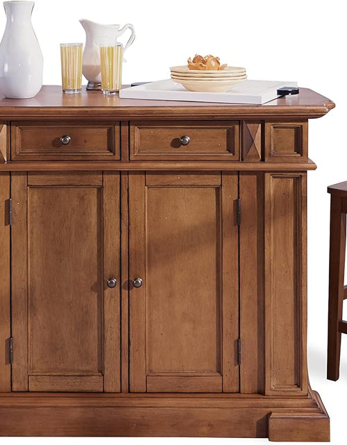 Load image into Gallery viewer, Americana Cottage Oak 3-Piece Kitchen Island Set with Hardwood Drop Leaf Top and Two Counter Stools
