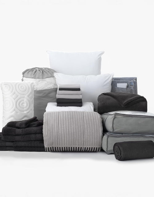 Load image into Gallery viewer, Preferred Dorm Essentials Value Pack - 23 Piece Twin XL Set | Twin XL | Comforter, Sheets, Pad, Topper, Towels, Organization, Storage | Preston Black and Gray | Graphic Black, Gray and White
