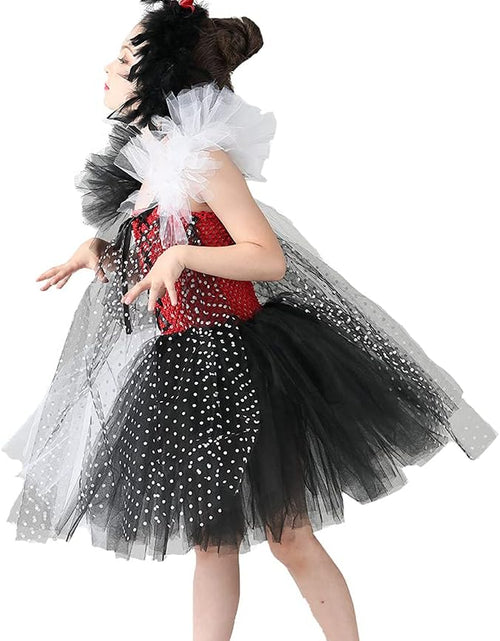 Load image into Gallery viewer, Toddler Dalmatian Costume Girls Dalmatian Cruella Deville Costume Kids Dress up Devilish Cosplay Halloween Dalmation Costume Cape Infant Tutu Skirt Black and White Wigs Baby Birthday Party Outfit 2-3T
