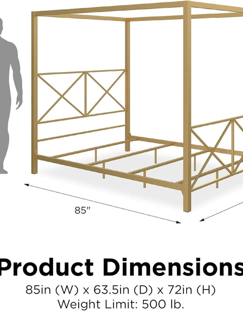 Load image into Gallery viewer, Rosedale Metal Canopy Bed Frame with Four Poster Design and Geometric Accented Headboard and Footboard, Underbed Storage Space, Queen, Gold
